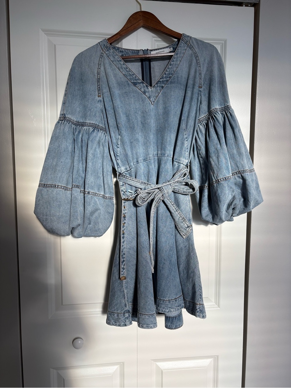 Zimmerman Denim Puff-Sleeve V-Neck Tie-Waist Dress in Light Blue